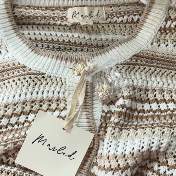 Marled Cream and Brown Striped Knit Cardigan with Front Pockets Size L - Picture 9 of 11